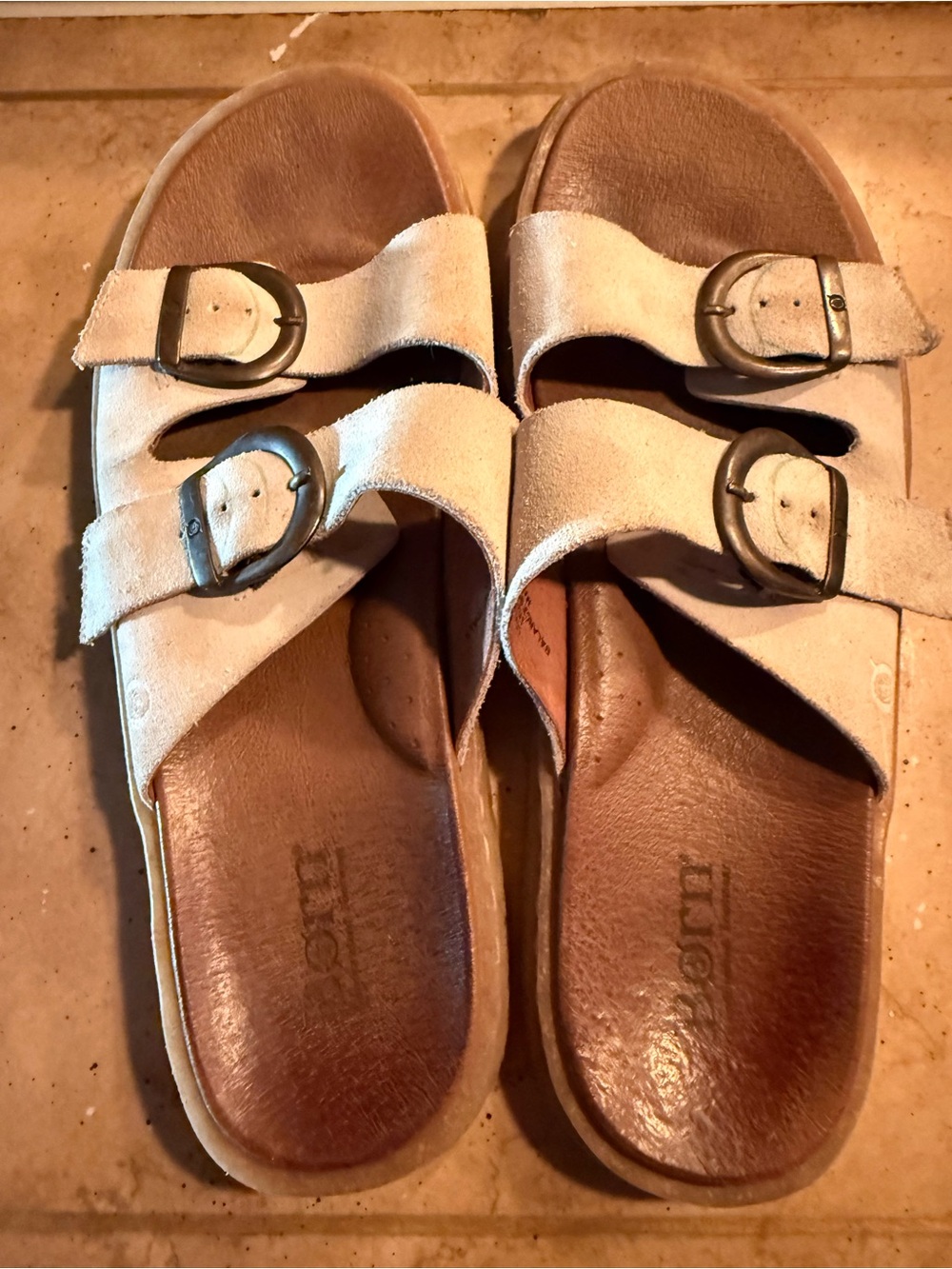 Womenβs Suede Double-Buckle Slide Sandals in Beige